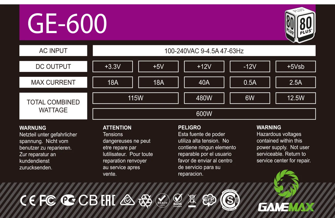 Fuente de Poder GAMEMAX GE-600 Alta eficiencia 80 Plus - Image 2